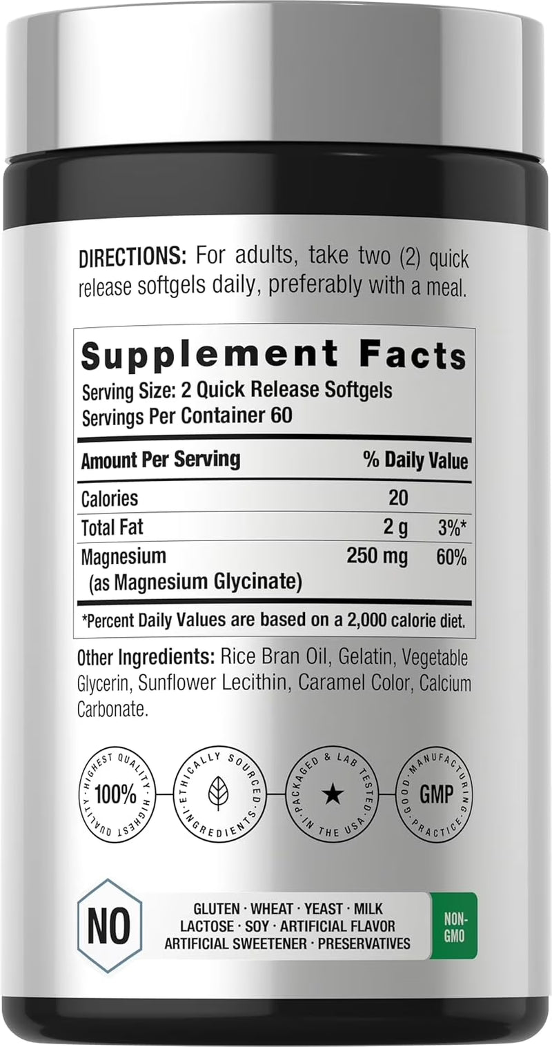 Magnesium Glycinate | 250Mg | 120 Softgels | Non-Gmo and Gluten Free Supplement | by