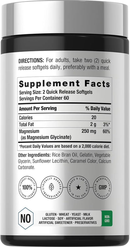 Magnesium Glycinate | 250Mg | 120 Softgels | Non-Gmo and Gluten Free Supplement | by