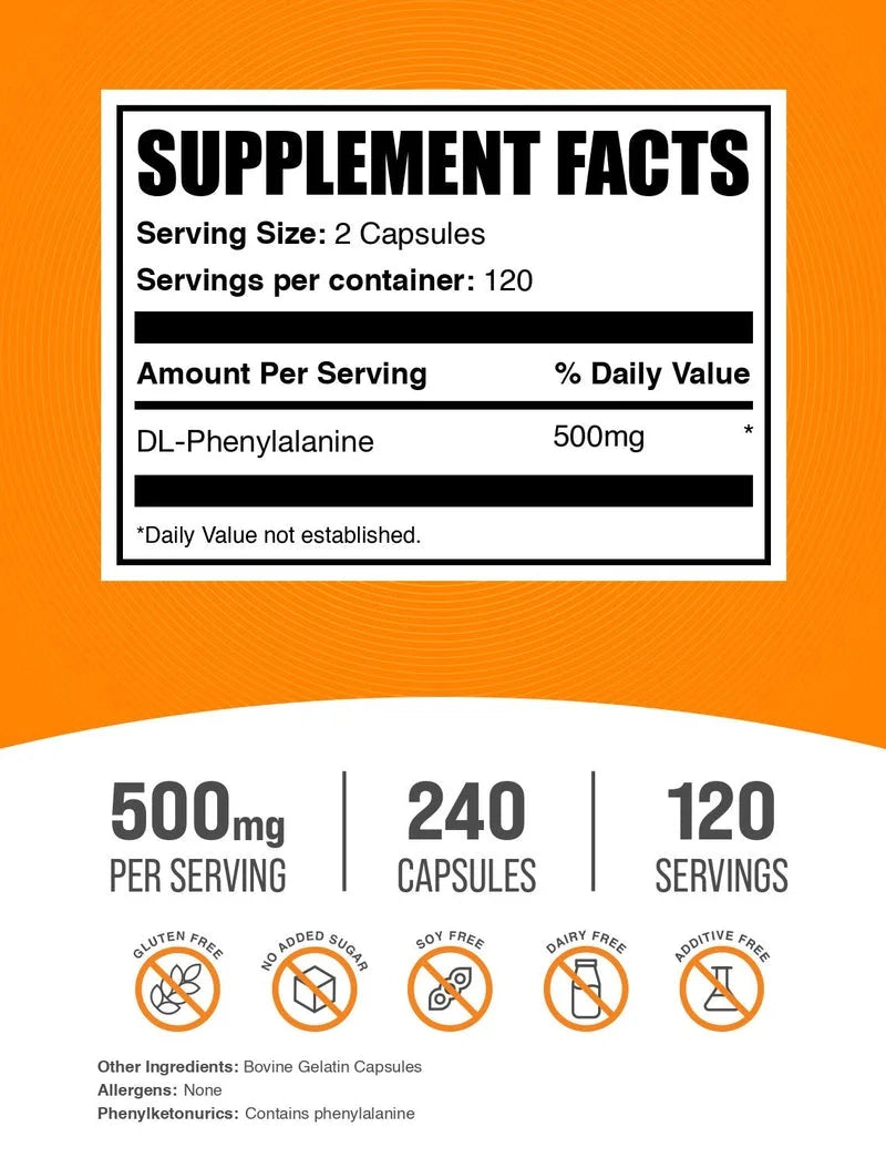 Bulksupplements Dl-Phenylalanine Capsules - Gluten Free, 500Mg per Serving (240 Capsules - 120 Servings)