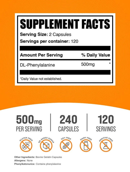 Bulksupplements Dl-Phenylalanine Capsules - Gluten Free, 500Mg per Serving (240 Capsules - 120 Servings)